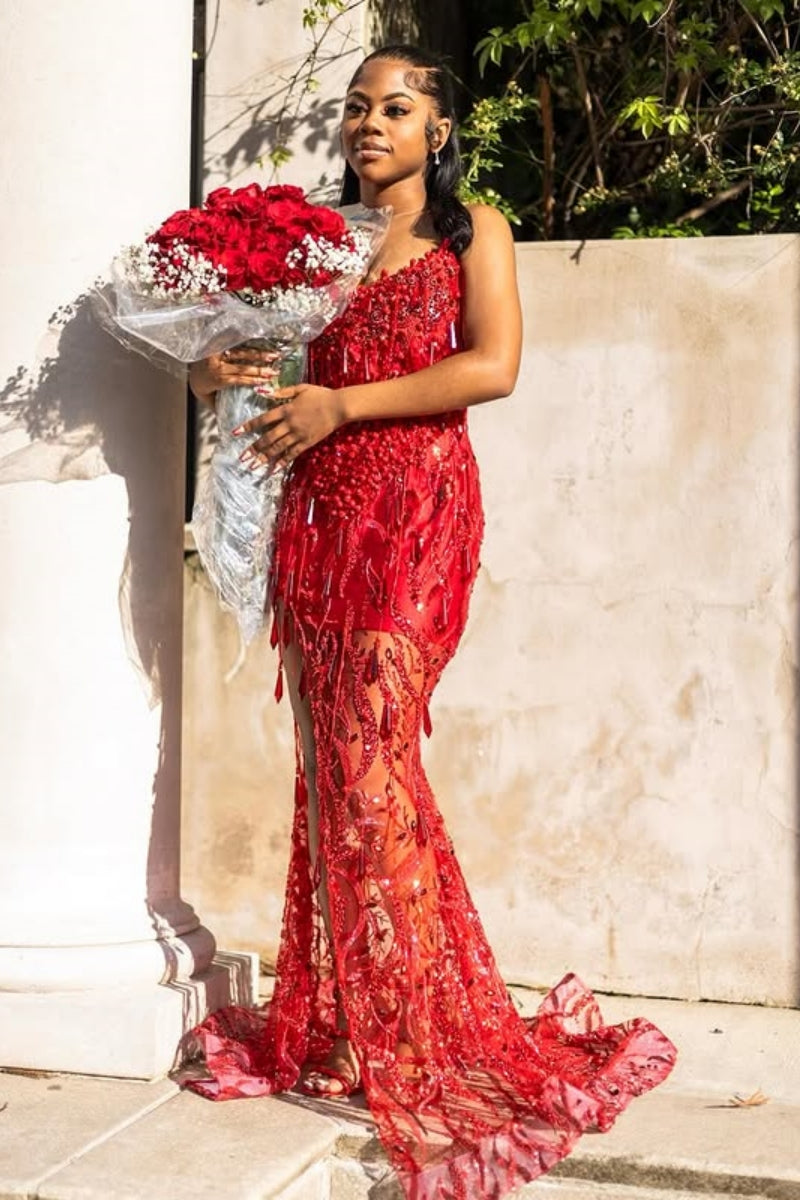 Hot Red Lace Sleeveness Beadings Side Slit Prom Dresses