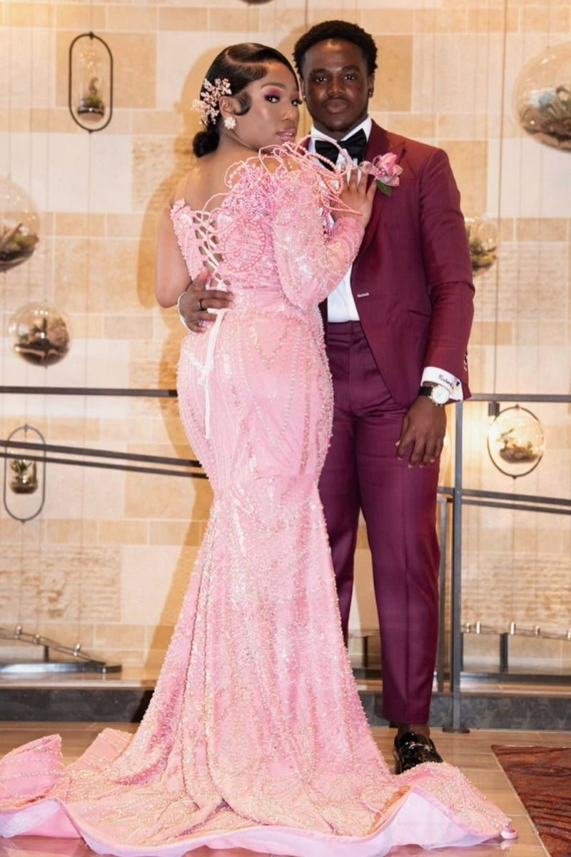 Stylish Pink One Side Long Sleeve Sweetheart Beadings Prom Dresses