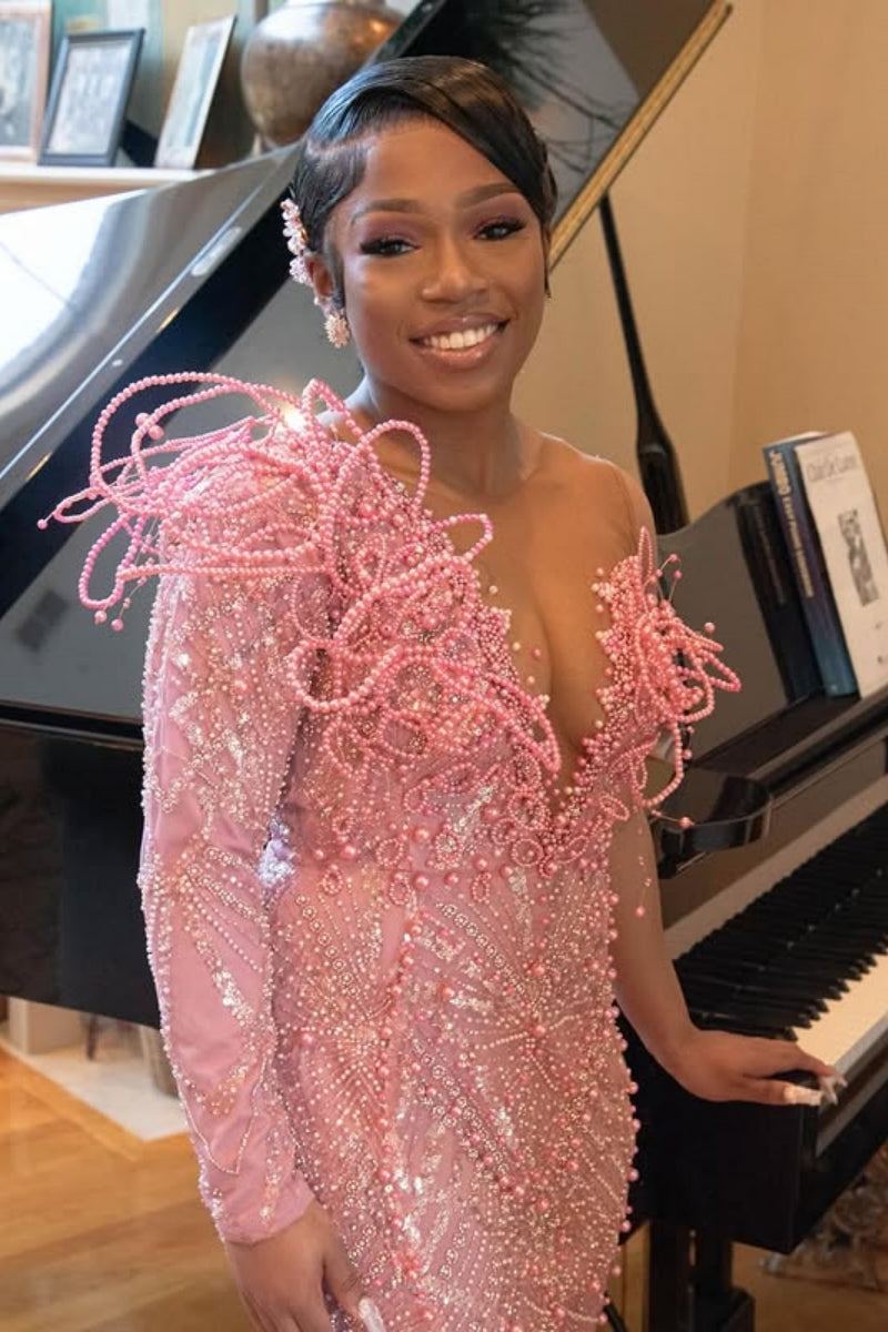 Stylish Pink One Side Long Sleeve Sweetheart Beadings Prom Dresses
