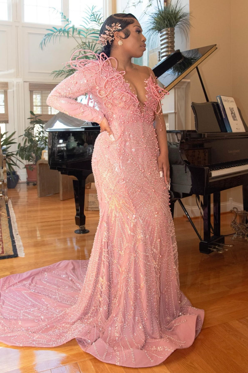 Stylish Pink One Side Long Sleeve Sweetheart Beadings Prom Dresses