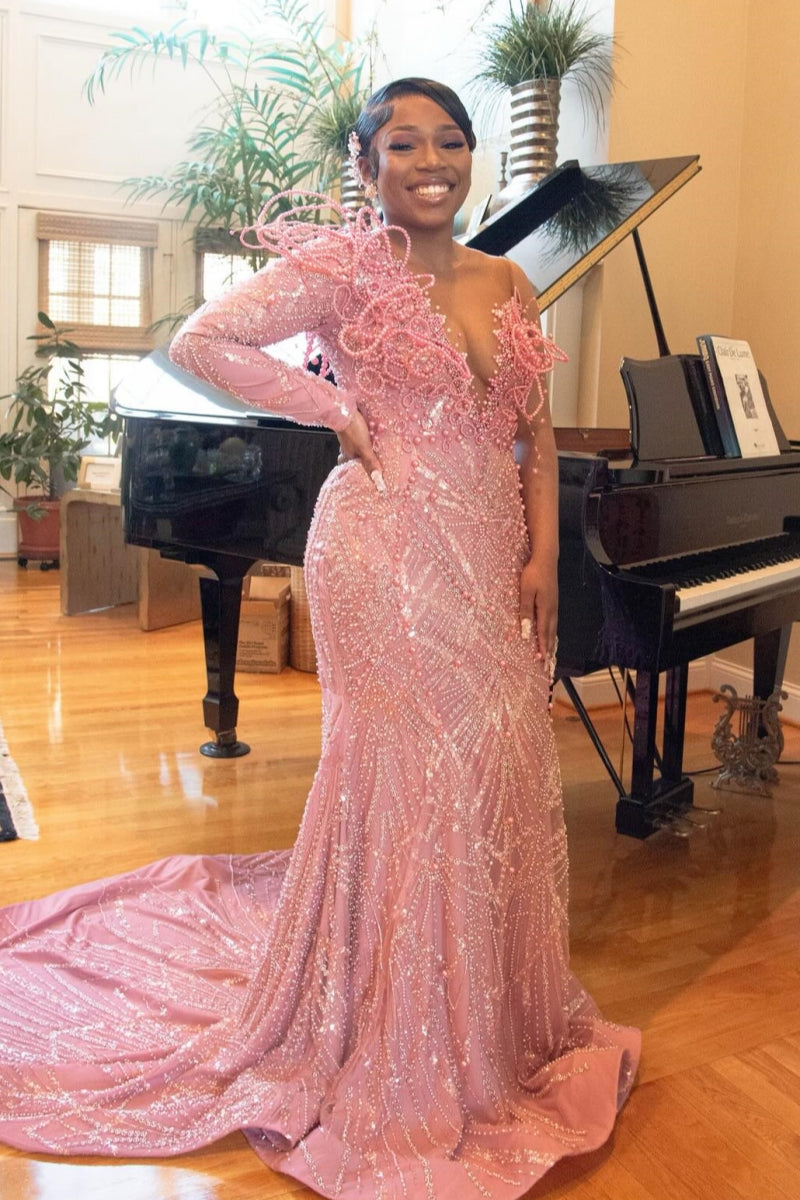 Stylish Pink One Side Long Sleeve Sweetheart Beadings Prom Dresses
