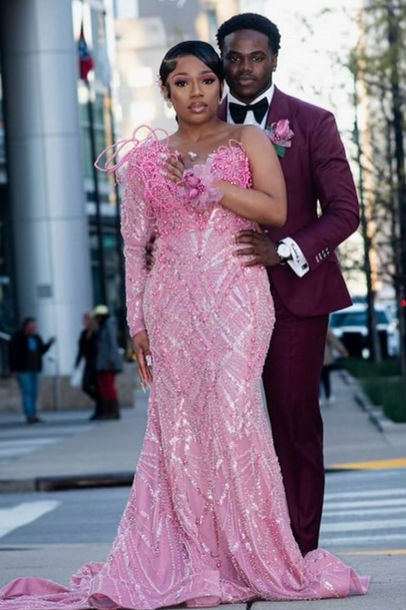 Stylish Pink One Side Long Sleeve Sweetheart Beadings Prom Dresses