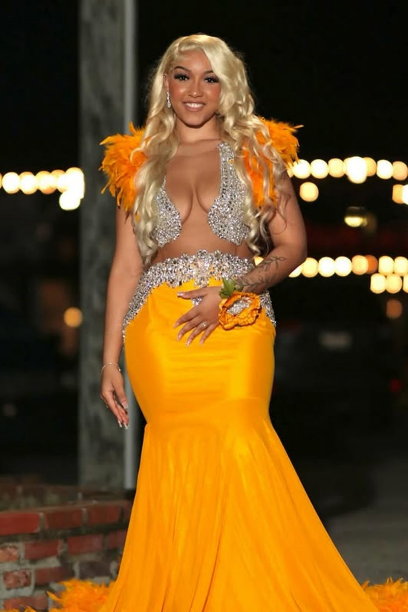 Yellow Sexy Sleeveness Cutout Beadings Mermaid Prom Dresses