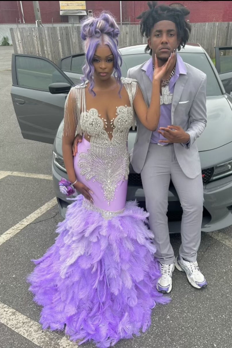 Fancy Lilac Mermaid Sleeveness Feather Prom Dresses With Fringed Cape