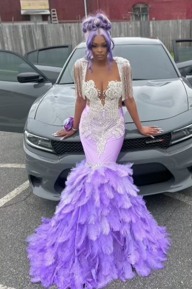Fancy Lilac Mermaid Sleeveness Feather Prom Dresses With Fringed Cape