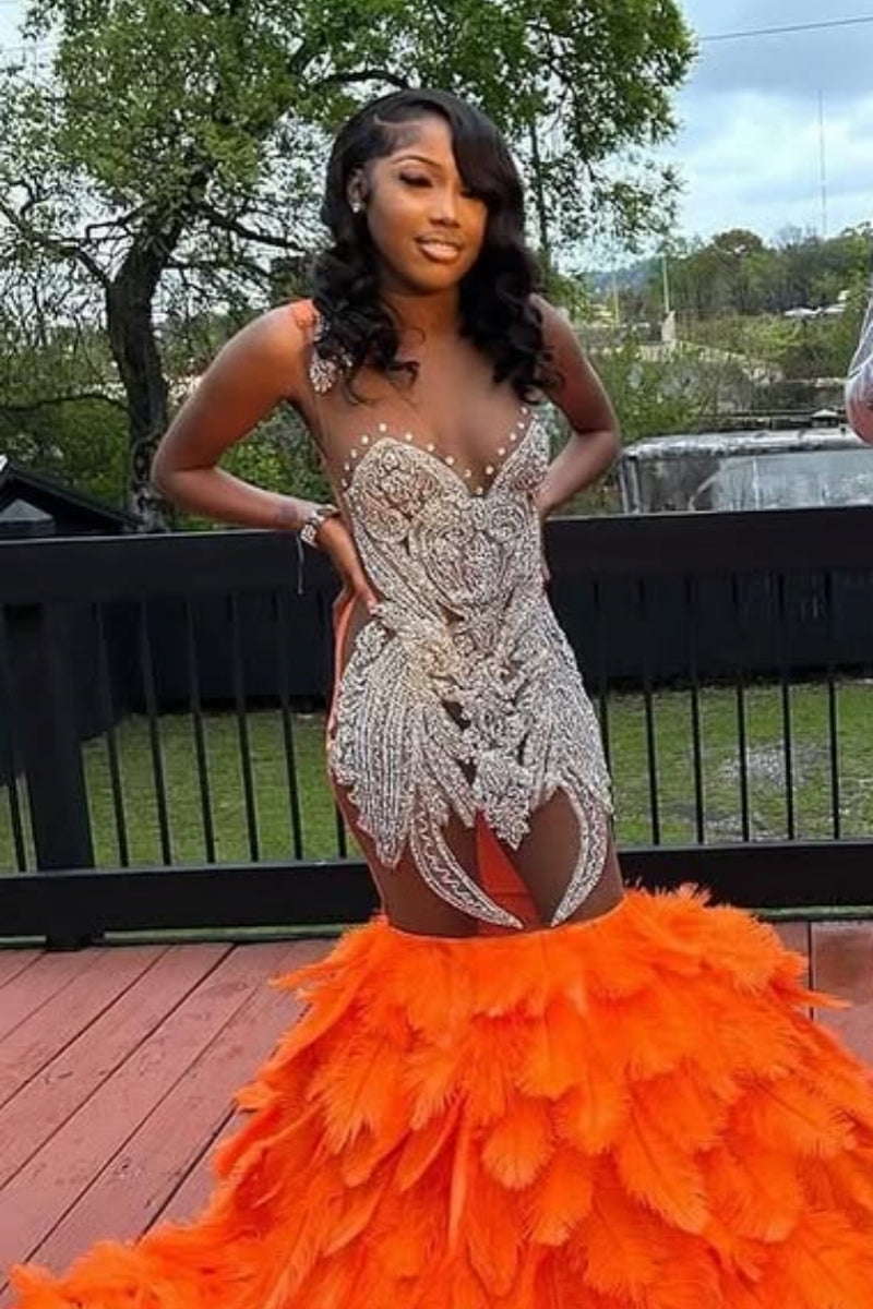 Fashion Orange Sleeveness Beadings Prom Dresses With Feather Hemline
