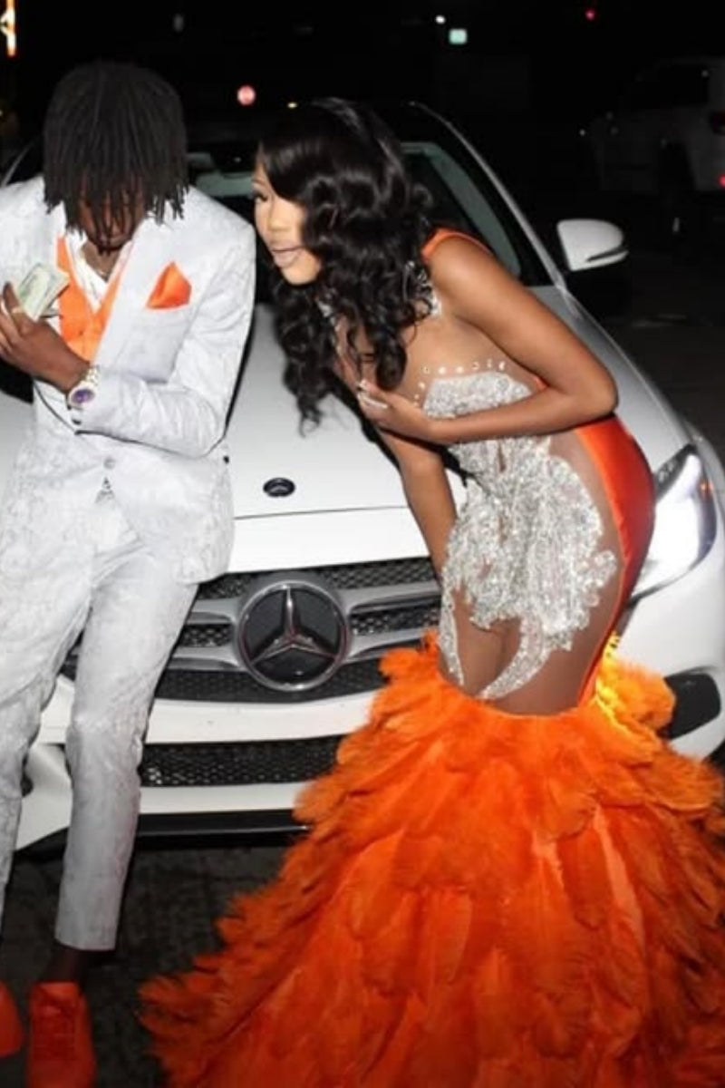 Fashion Orange Sleeveness Beadings Prom Dresses With Feather Hemline