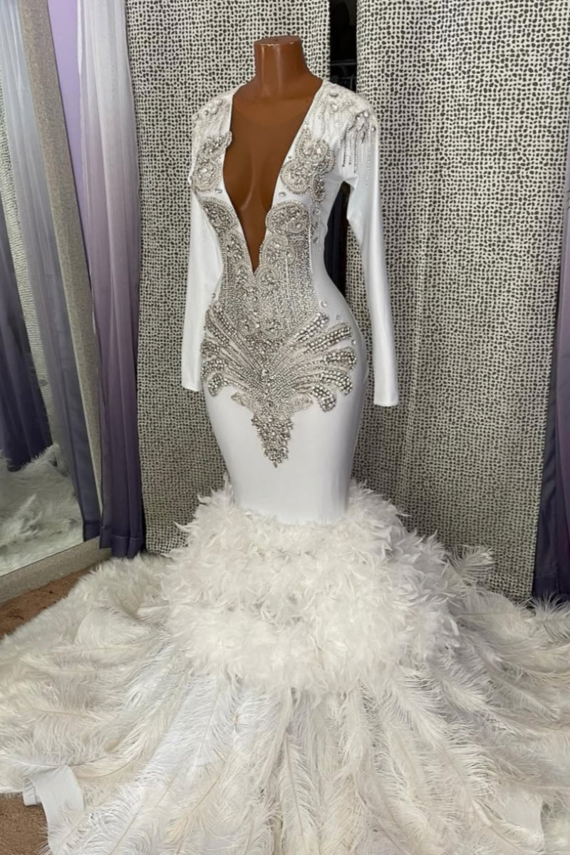 Charming White Soft Satin Long Sleeve Beadings Prom Dresses With Feather Hemline