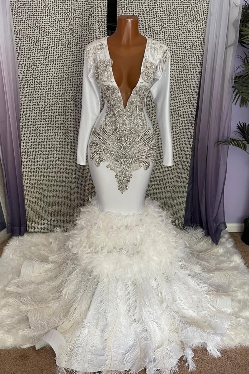 Charming White Soft Satin Long Sleeve Beadings Prom Dresses With Feather Hemline