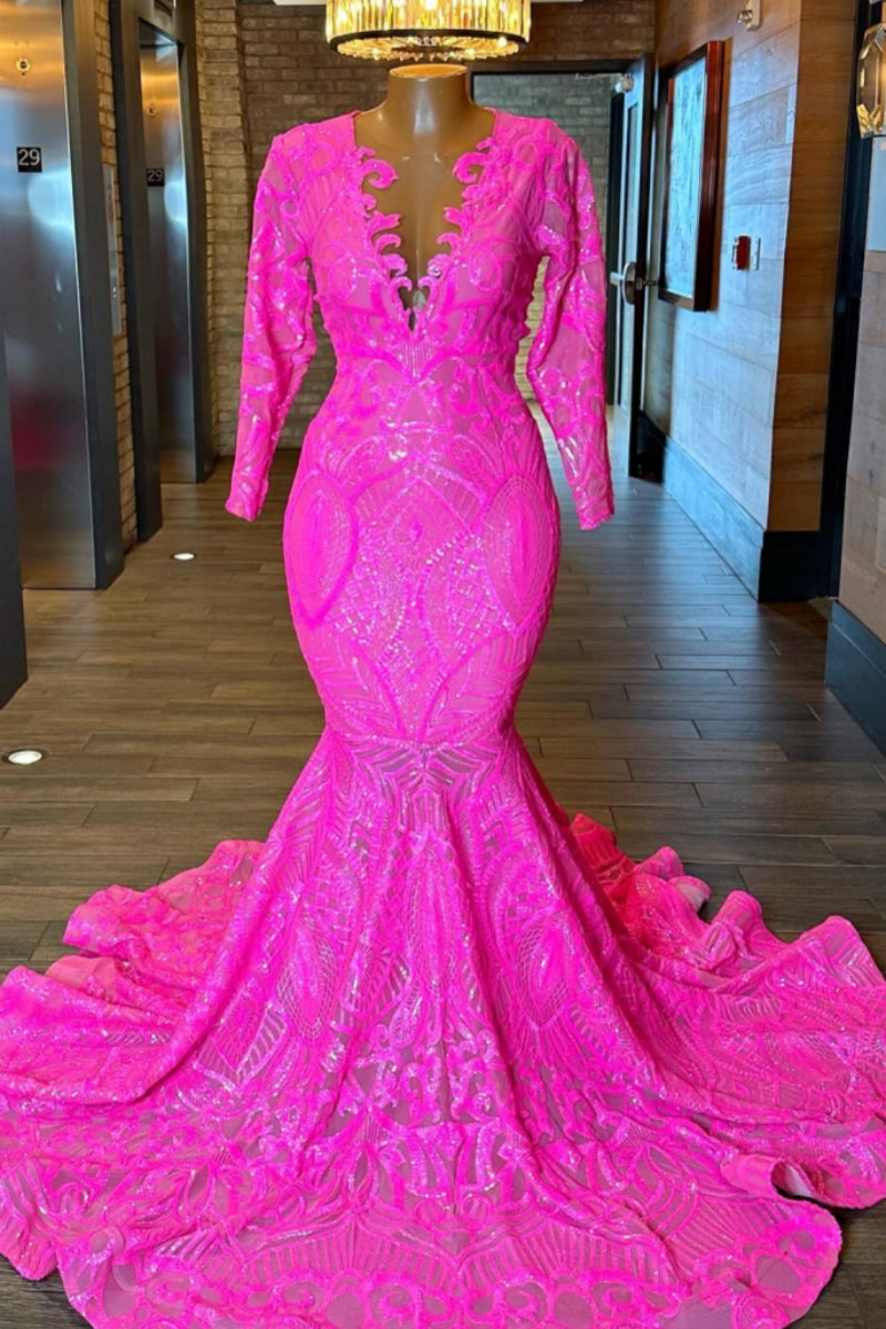 Charming Fuchsia Lace V-Neck Long Sleeve Sequins Mermaid Prom Dresses