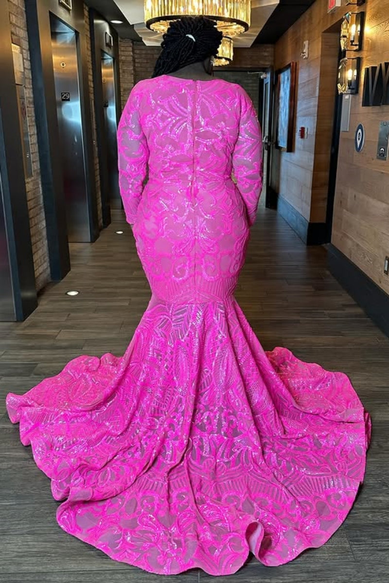 Charming Fuchsia Lace V-Neck Long Sleeve Sequins Mermaid Prom Dresses