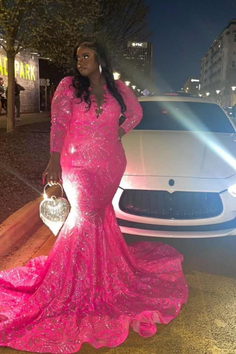 Charming Fuchsia Lace V-Neck Long Sleeve Sequins Mermaid Prom Dresses