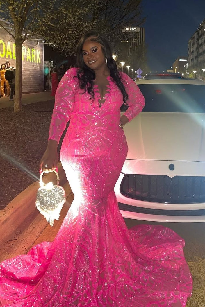 Charming Fuchsia Lace V-Neck Long Sleeve Sequins Mermaid Prom Dresses