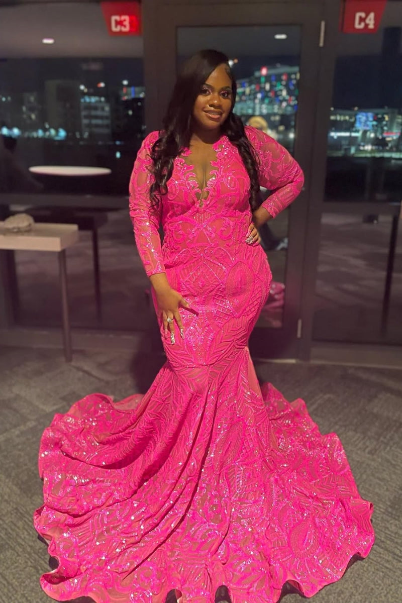 Charming Fuchsia Lace V-Neck Long Sleeve Sequins Mermaid Prom Dresses