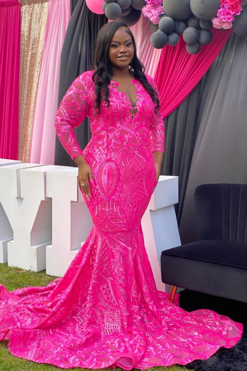 Charming Fuchsia Lace V-Neck Long Sleeve Sequins Mermaid Prom Dresses
