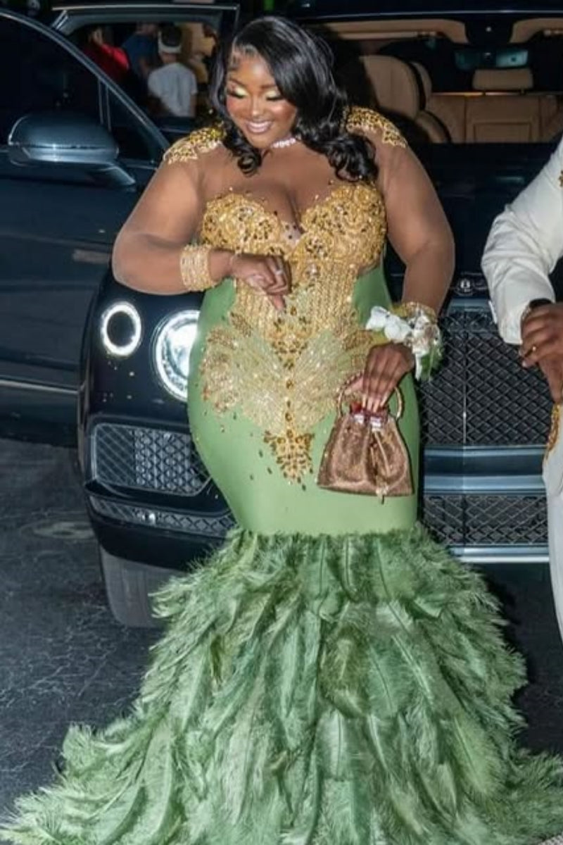 Exquisite Green Mermaid Feather Backless Prom Dresses With Tulle Long Sleeve