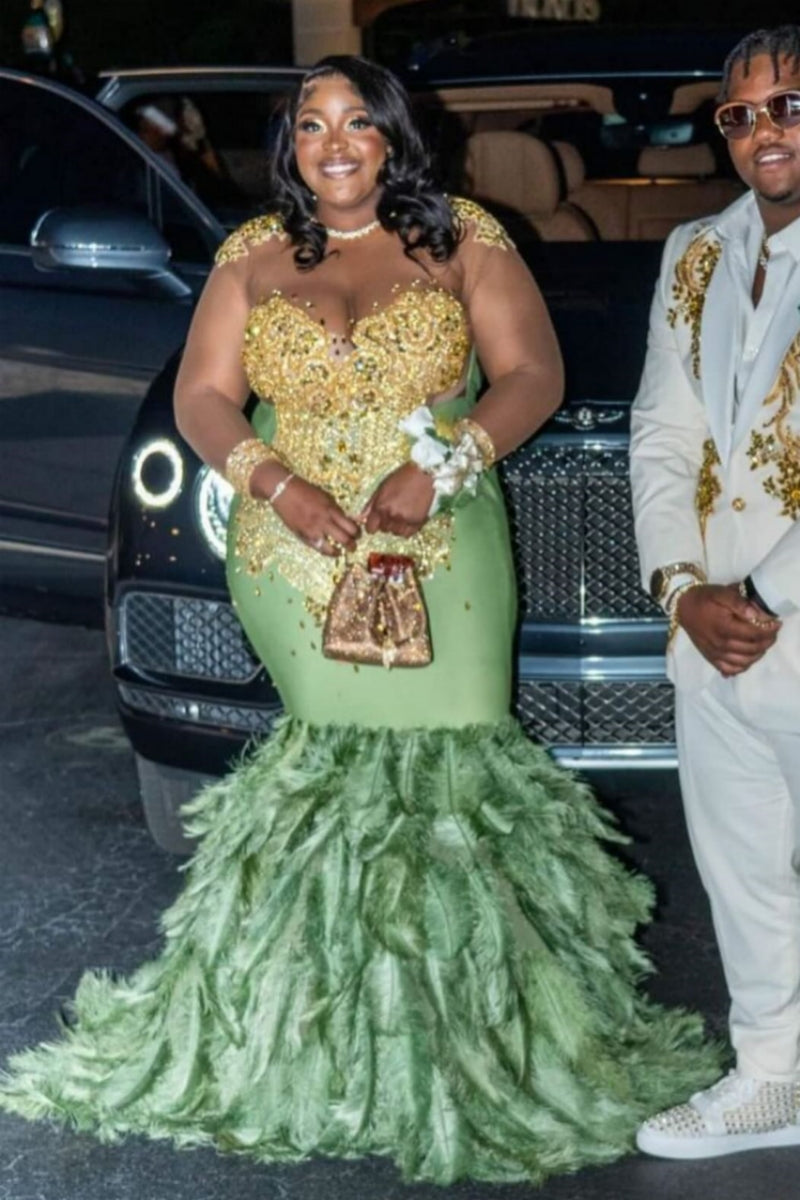 Exquisite Green Mermaid Feather Backless Prom Dresses With Tulle Long Sleeve
