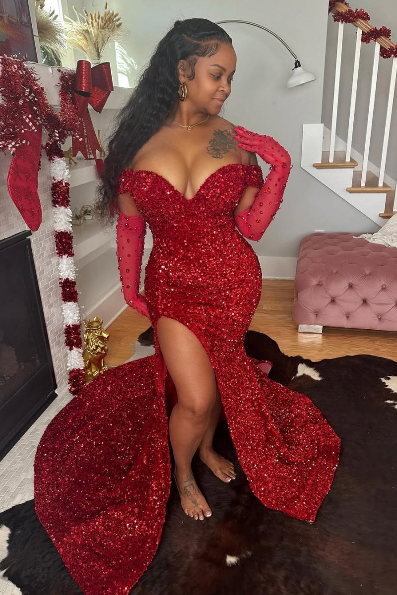 Off The Shoulder Red Sweetheart Mermaid High Split Sequins Prom Dresses