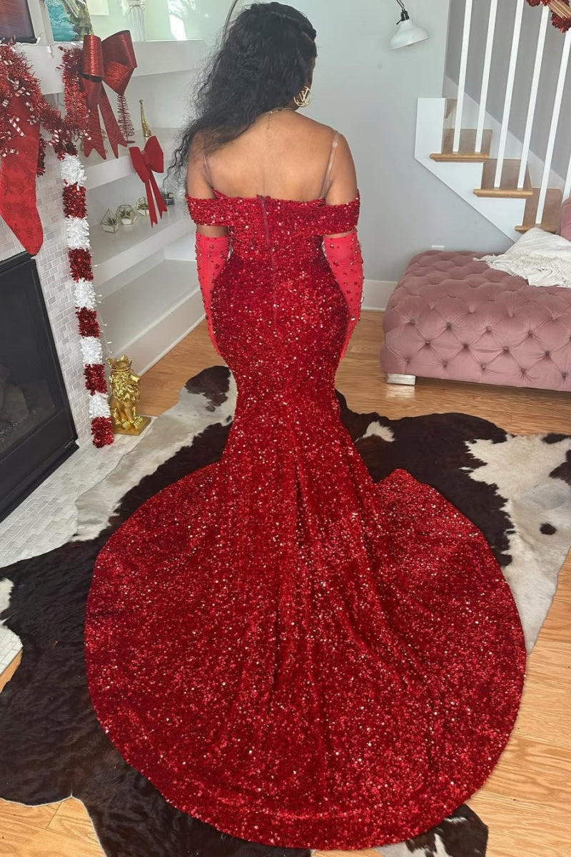 Off The Shoulder Red Sweetheart Mermaid High Split Sequins Prom Dresses