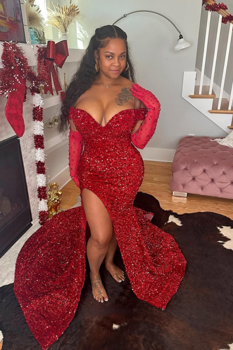 Off The Shoulder Red Sweetheart Mermaid High Split Sequins Prom Dresses