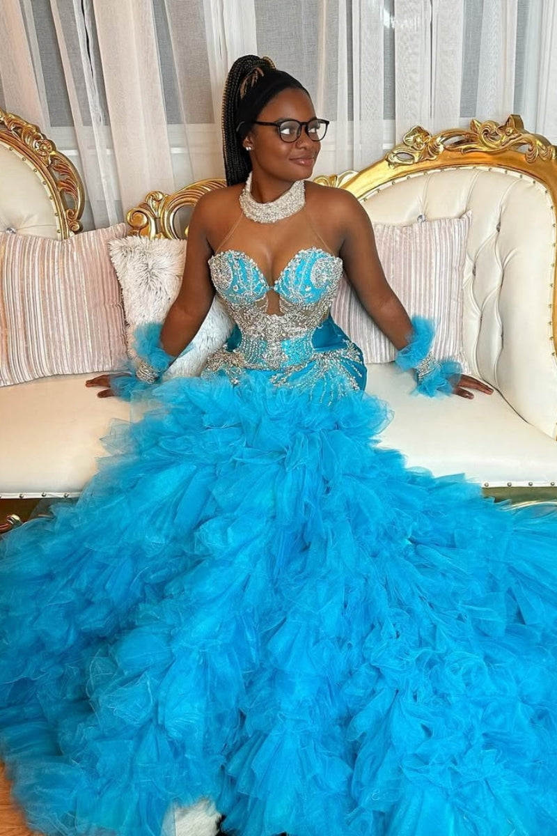 Sheer Straps Blue Sleeveness Sweetheart Appliques Mermaid Prom Dresses With Tulle Hemline