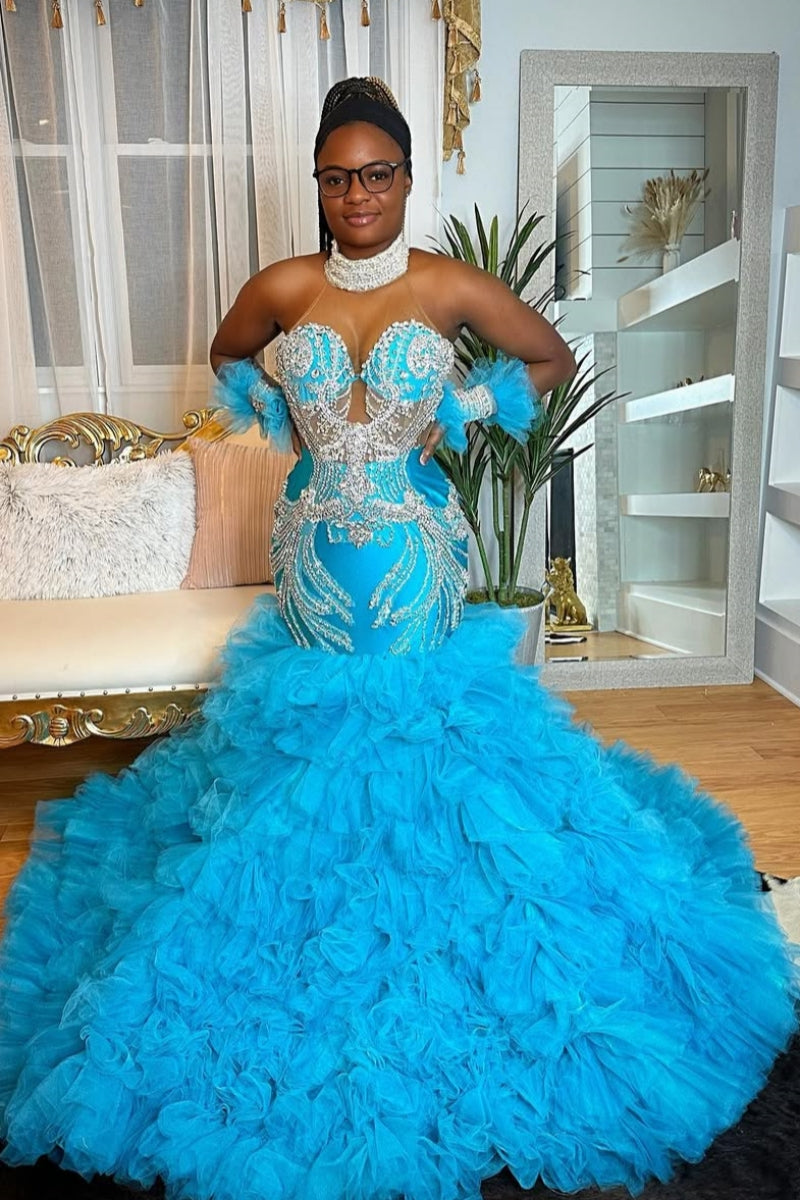 Sheer Straps Blue Sleeveness Sweetheart Appliques Mermaid Prom Dresses With Tulle Hemline