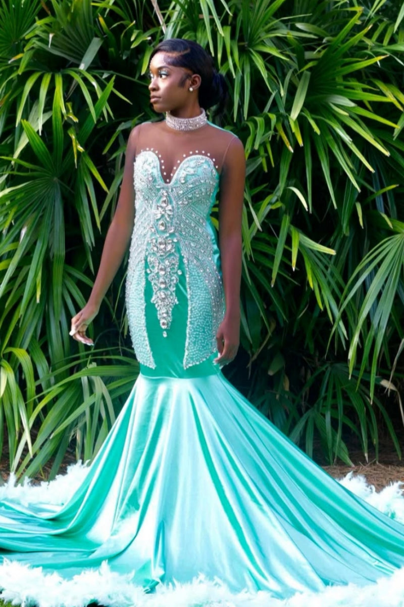 Mint Green Soft Satin Sleeveness Backless Beading Mermaid Prom Dresses With Feather Hemline