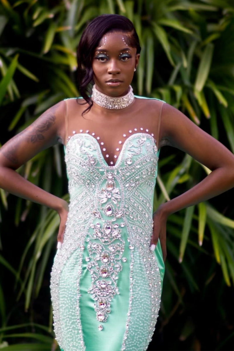 Mint Green Soft Satin Sleeveness Backless Beading Mermaid Prom Dresses With Feather Hemline