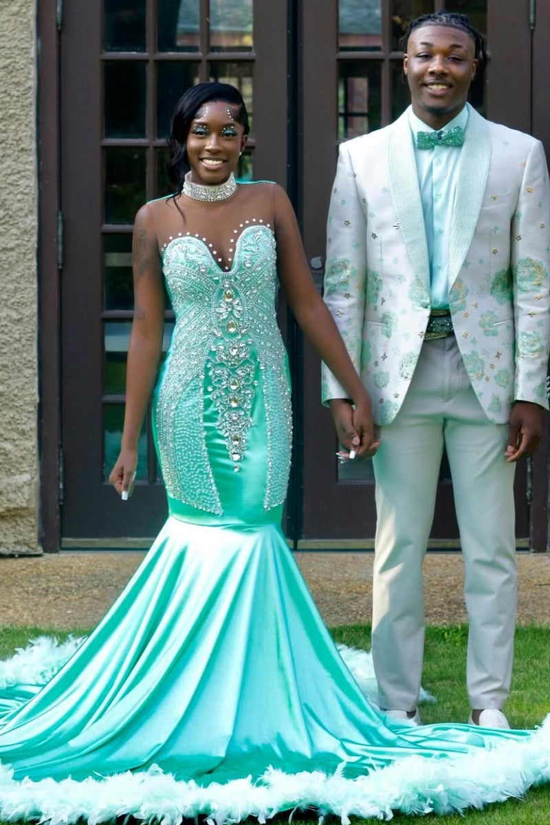 Mint Green Soft Satin Sleeveness Backless Beading Mermaid Prom Dresses With Feather Hemline
