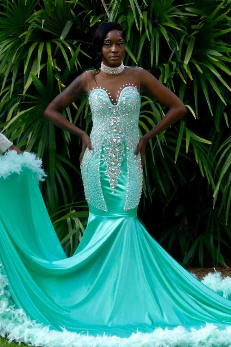 Mint Green Soft Satin Sleeveness Backless Beading Mermaid Prom Dresses With Feather Hemline