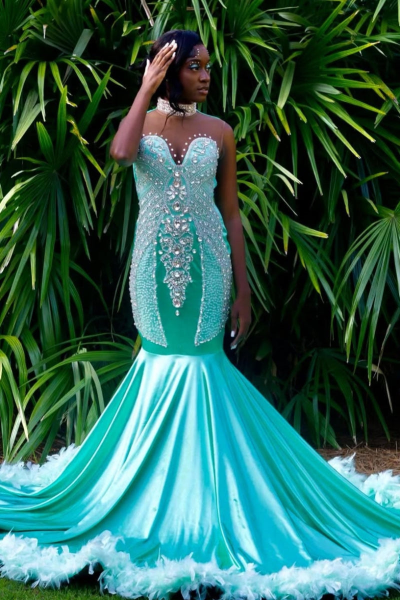 Mint Green Soft Satin Sleeveness Backless Beading Mermaid Prom Dresses With Feather Hemline