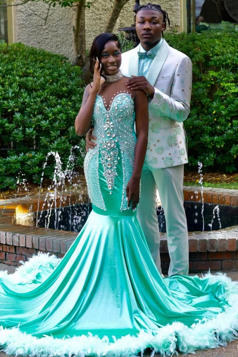 Mint Green Soft Satin Sleeveness Backless Beading Mermaid Prom Dresses With Feather Hemline