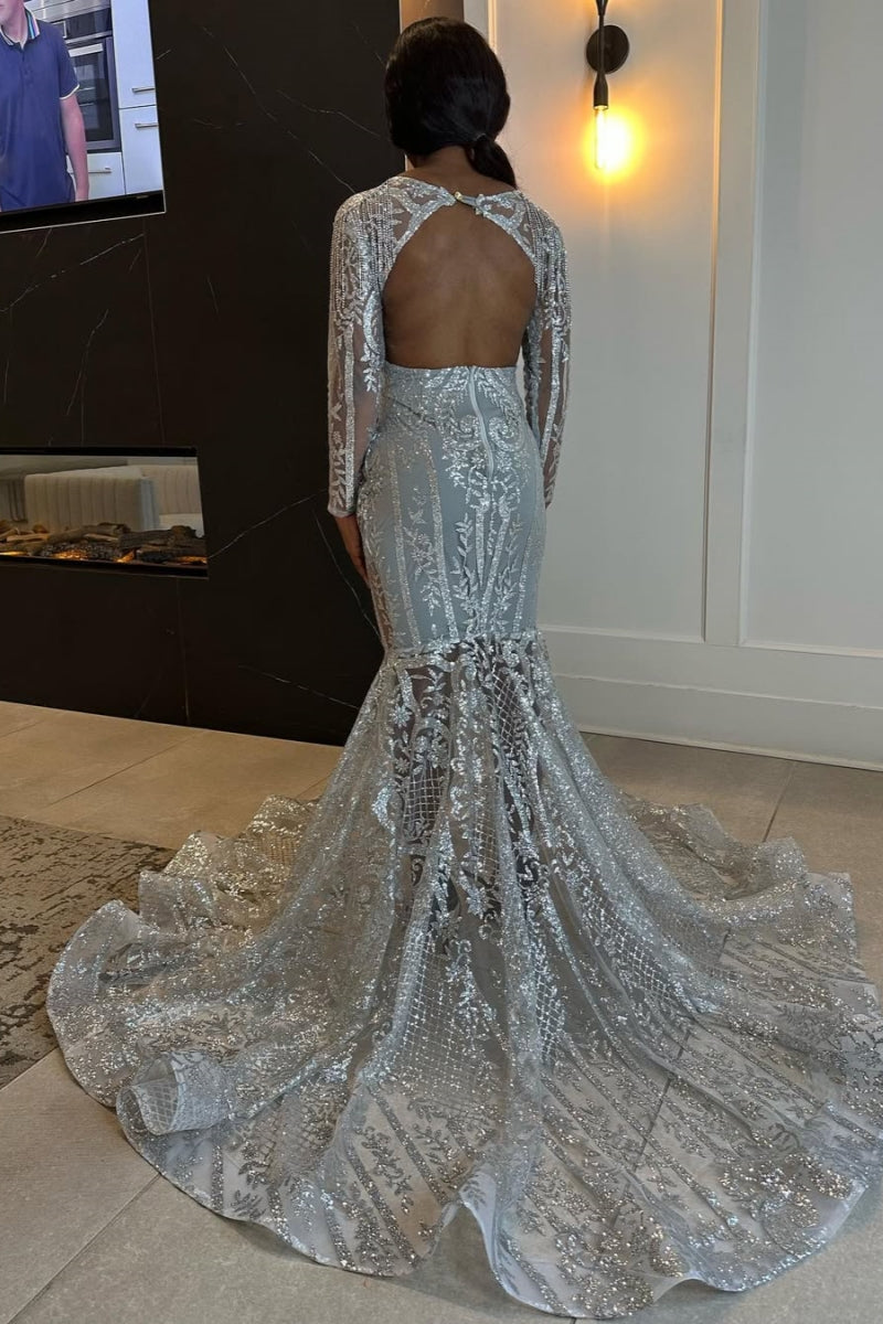 Fancy White Lace Long Sleeve Beadings Backless Mermaid Prom Dresses