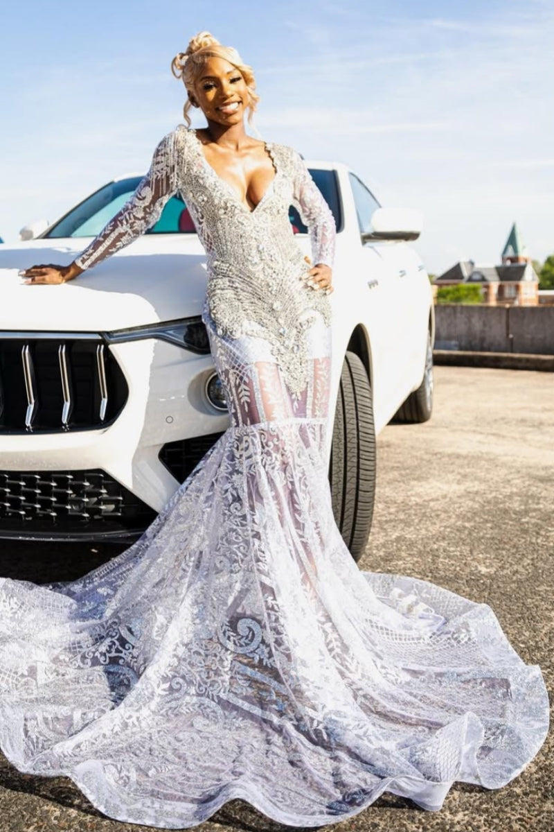 Fancy White Lace Long Sleeve Beadings Backless Mermaid Prom Dresses