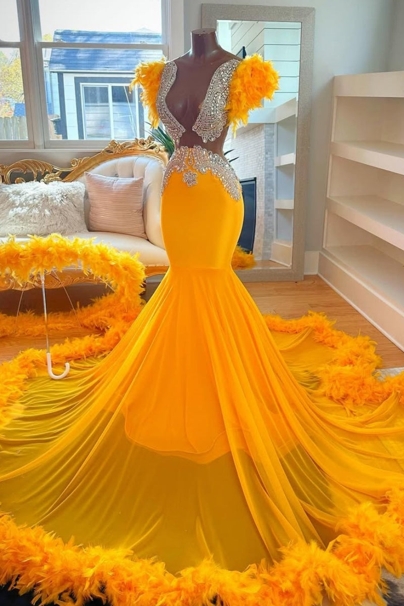 Sparkle Yellow Backless Beadings Chiffon Mermaid Prom Dresses With Feathers