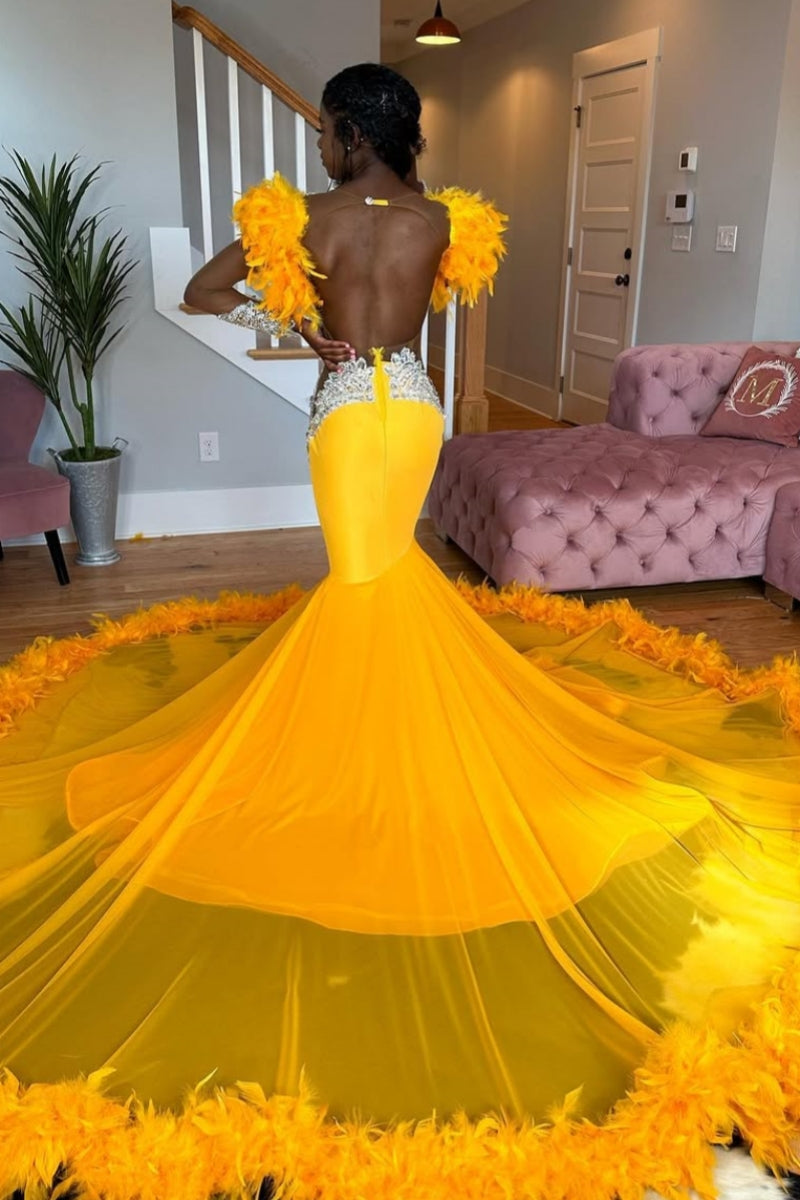 Sparkle Yellow Backless Beadings Chiffon Mermaid Prom Dresses With Feathers