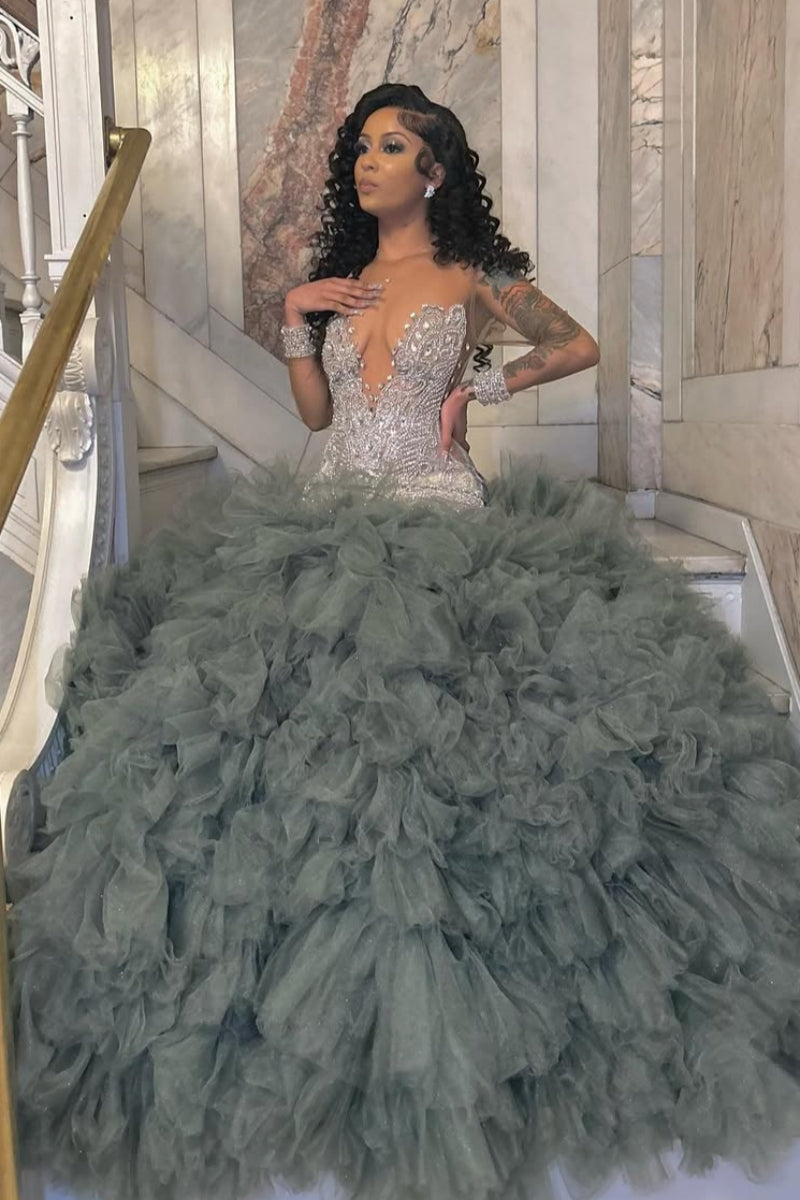 Generous Long Sleeve V-Neck Beadings Mermaid Backless Prom Dresses With Puffy Layers Tulle Hemline