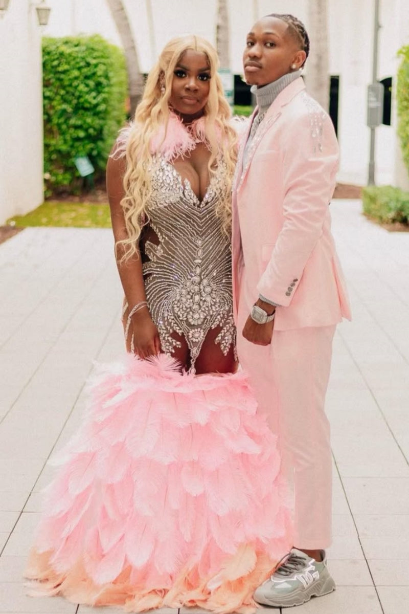 Modern Pink Sleeveless V-Neck Beading Mermaid Prom Dresses With Feathers