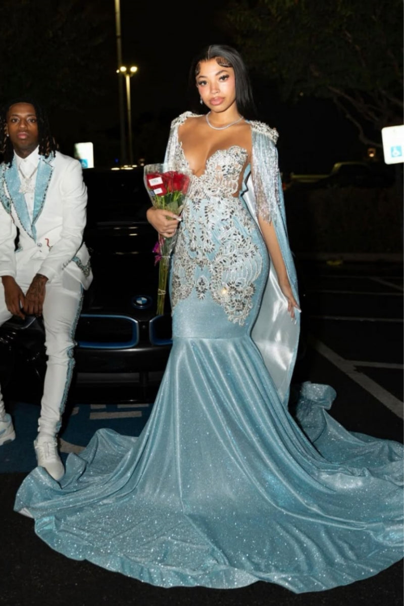 Charming Light Blue Wrap V-Neck Sequins Mermaid Prom Dresses With Appliques And Beadings