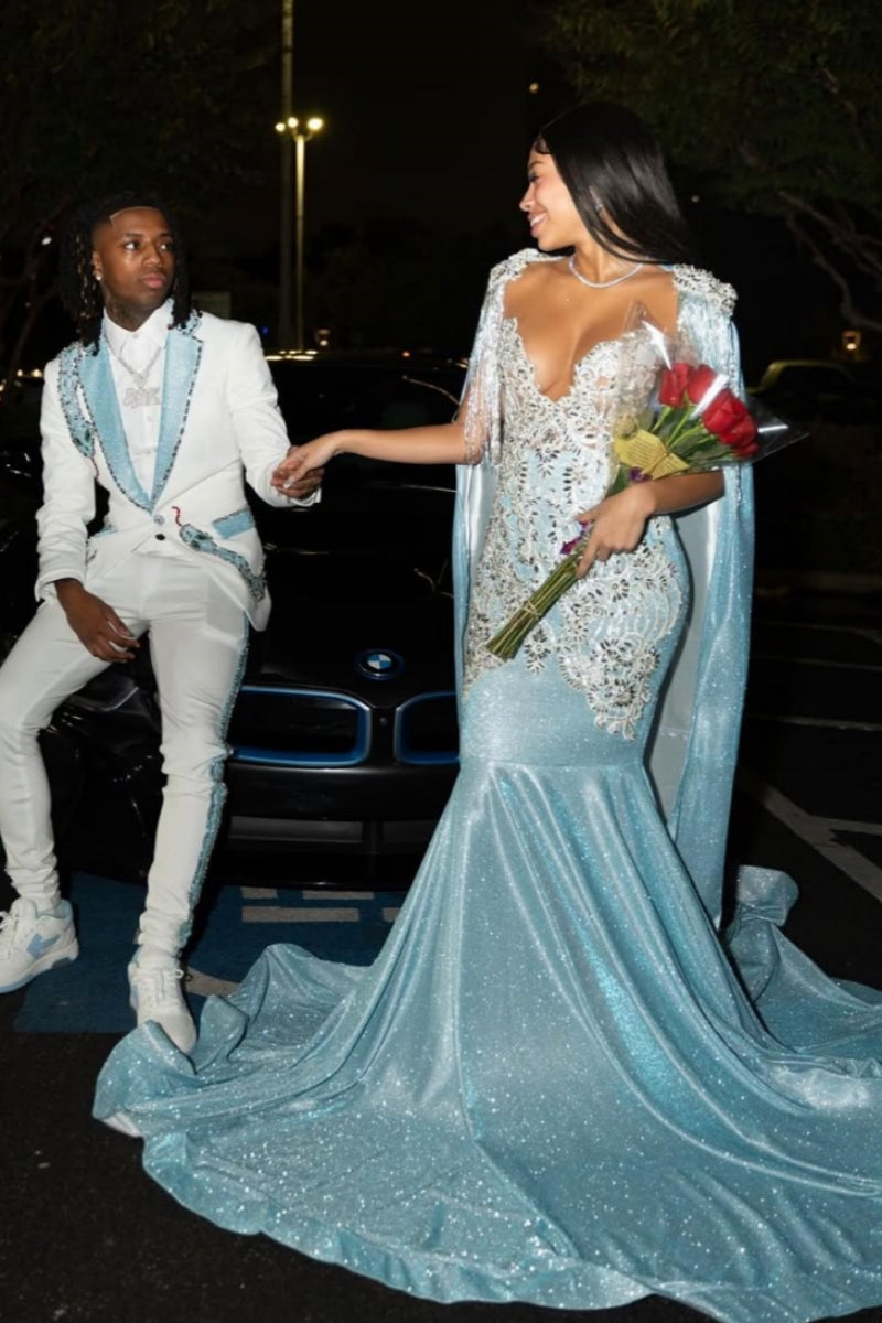 Charming Light Blue Wrap V-Neck Sequins Mermaid Prom Dresses With Appliques And Beadings