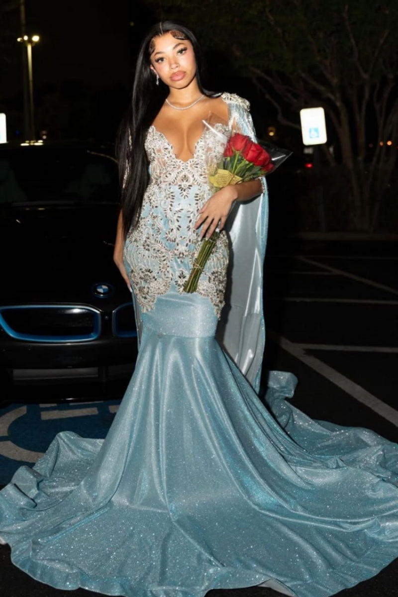 Charming Light Blue Wrap V-Neck Sequins Mermaid Prom Dresses With Appliques And Beadings