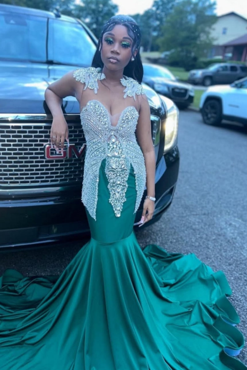 Wonderful Sleeveless Appliques Soft Satin Mermaid Prom Dresses With Beadings