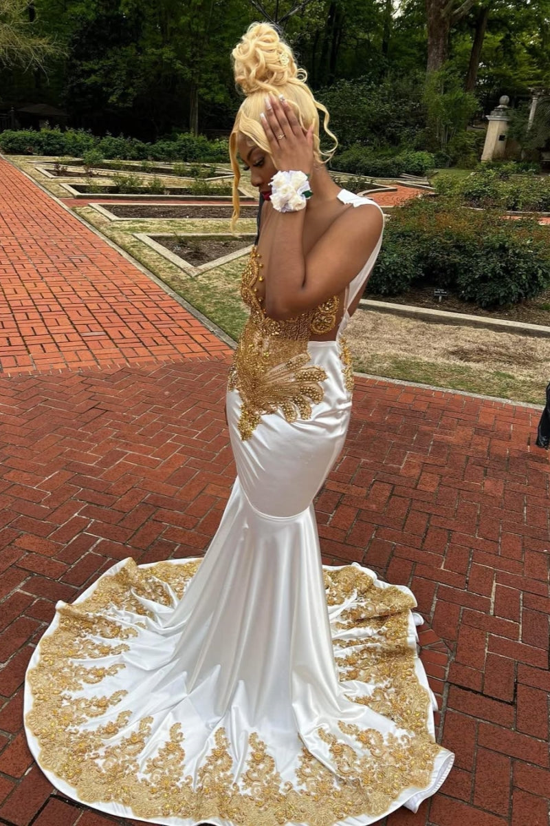 White Jewel Backless Appliques Mermaid Prom Dresses With Golden Beadings