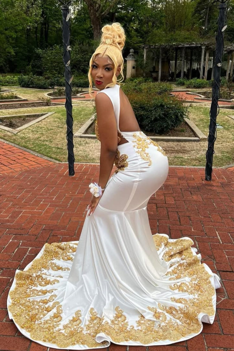 White Jewel Backless Appliques Mermaid Prom Dresses With Golden Beadings