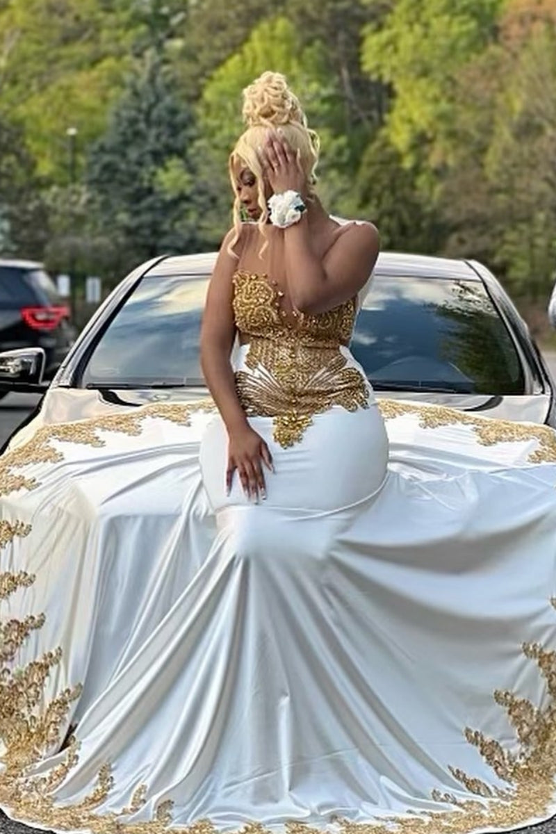 White Jewel Backless Appliques Mermaid Prom Dresses With Golden Beadings
