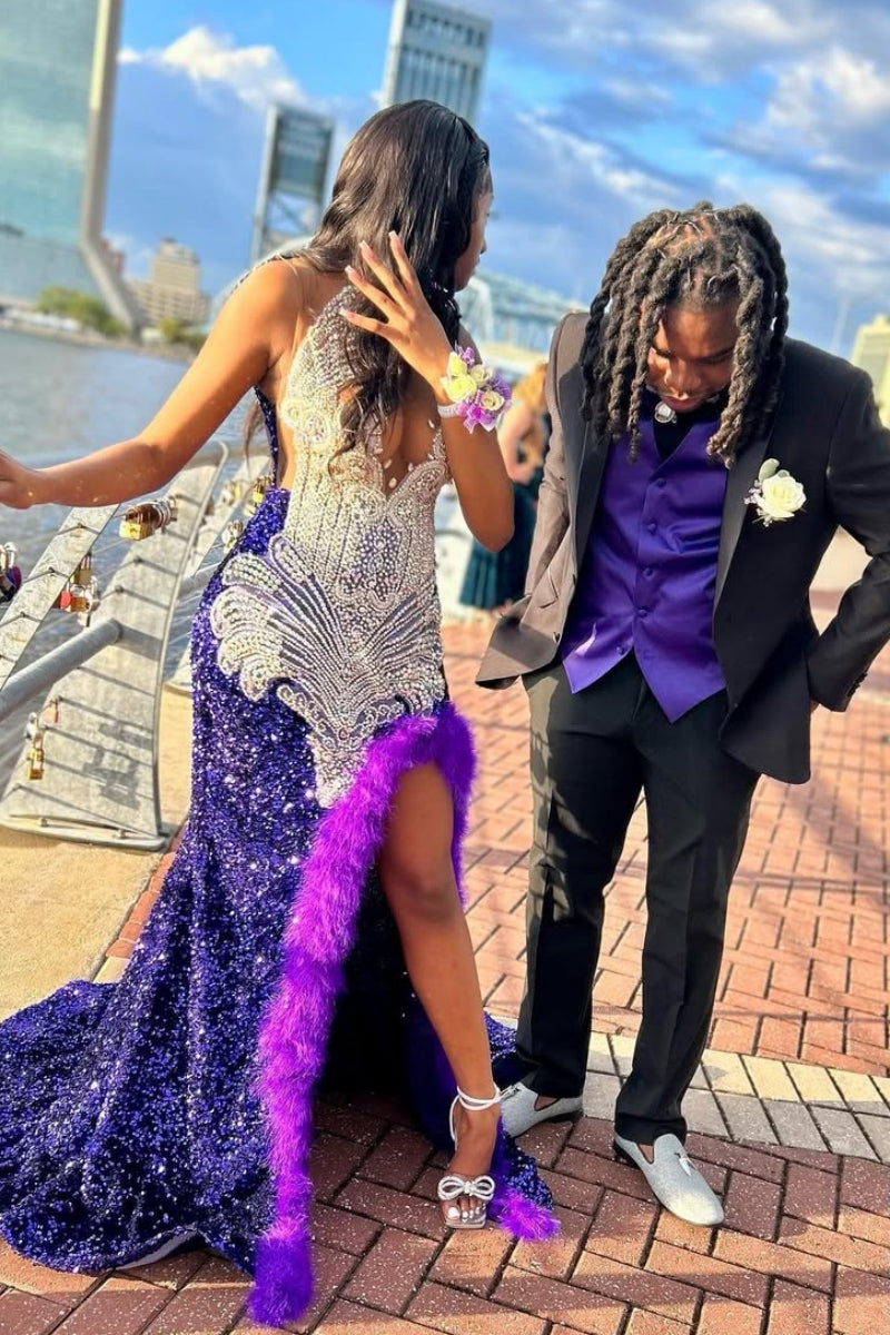 Navy Sequins Jewel Feather Side Slit Sheath Prom Dresses With White Beadings