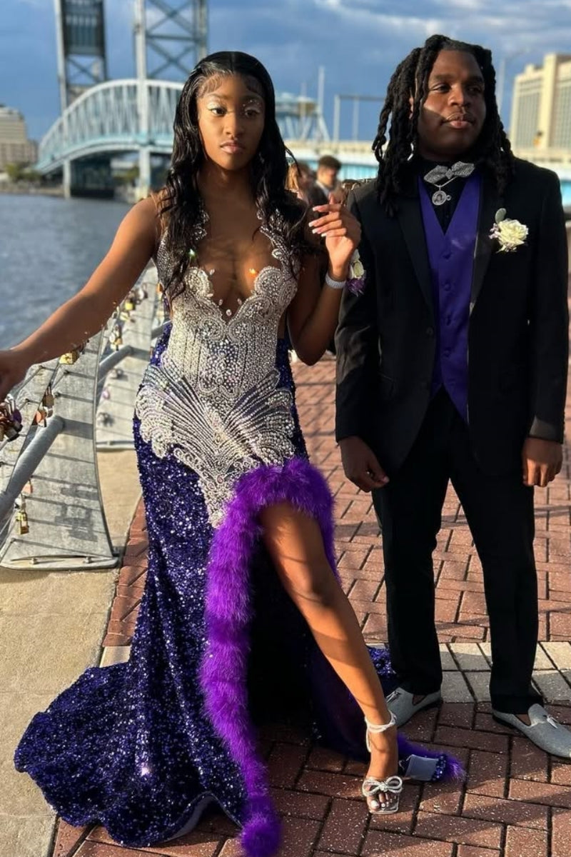 Navy Sequins Jewel Feather Side Slit Sheath Prom Dresses With White Beadings