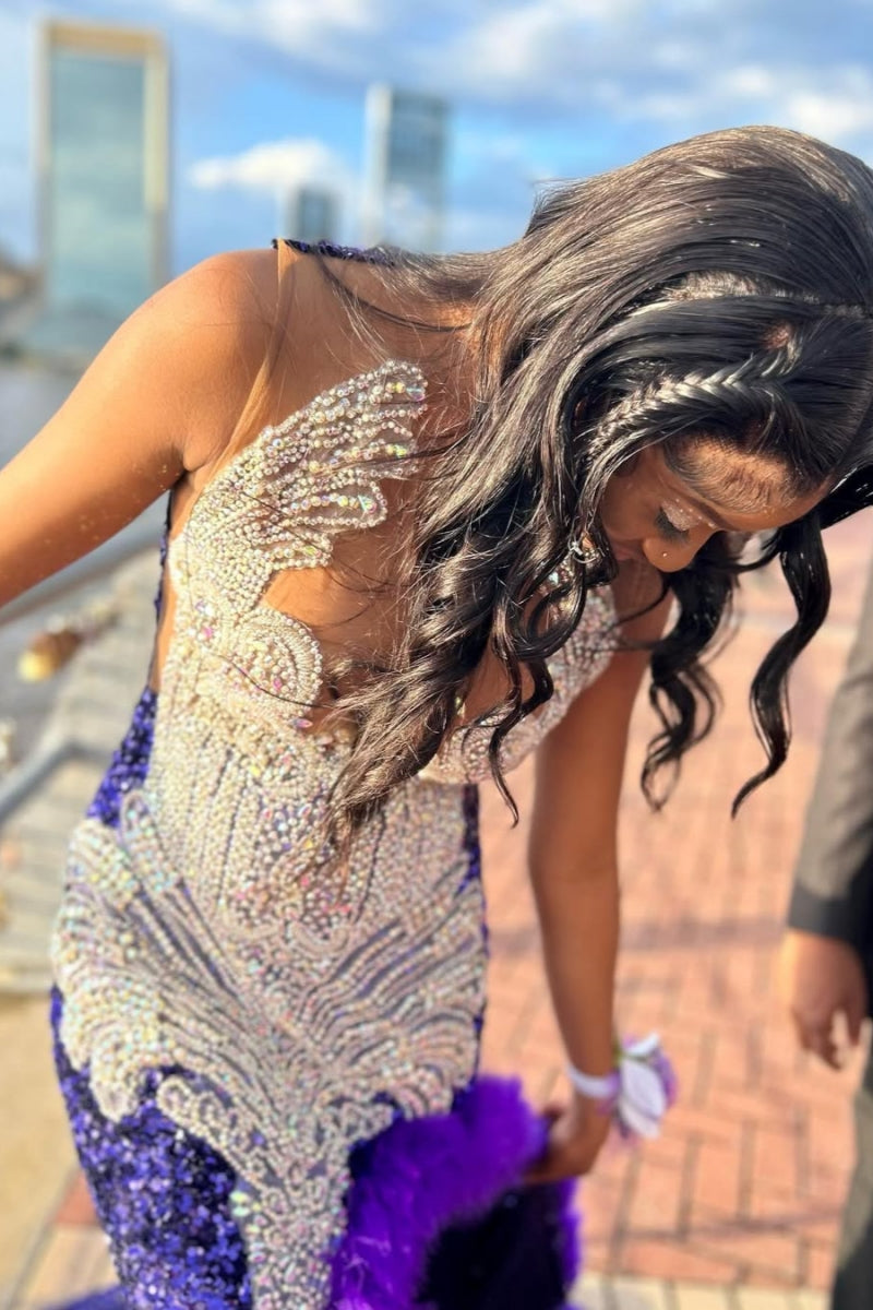 Navy Sequins Jewel Feather Side Slit Sheath Prom Dresses With White Beadings