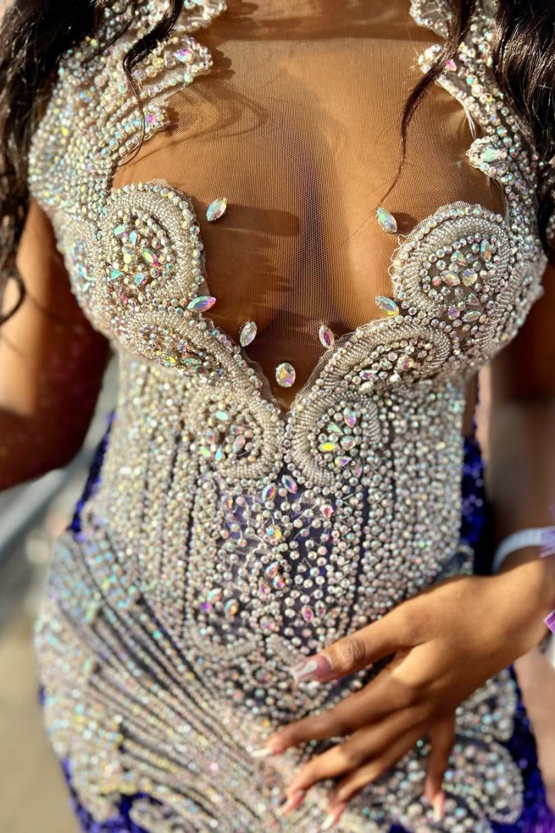 Navy Sequins Jewel Feather Side Slit Sheath Prom Dresses With White Beadings