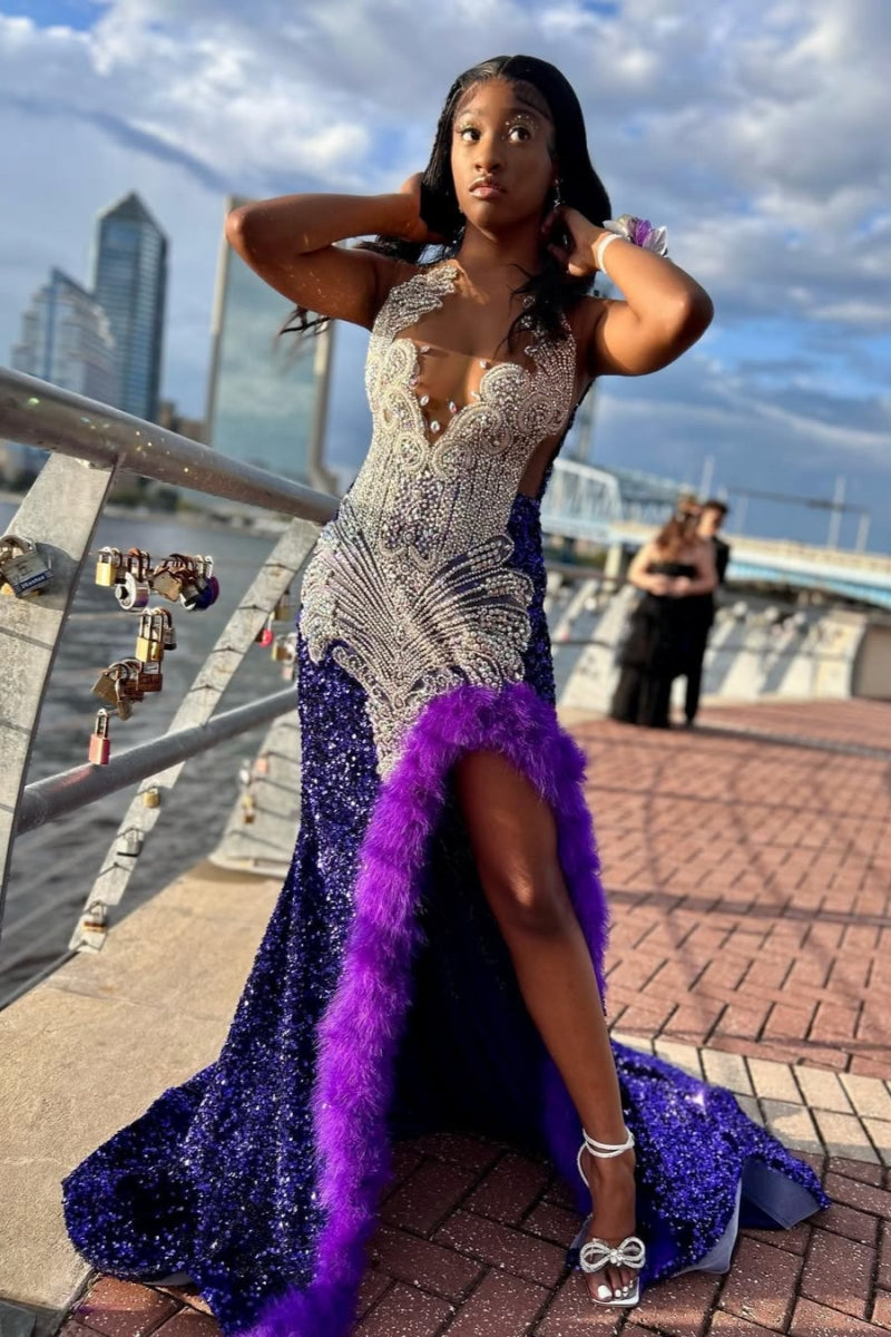 Navy Sequins Jewel Feather Side Slit Sheath Prom Dresses With White Beadings